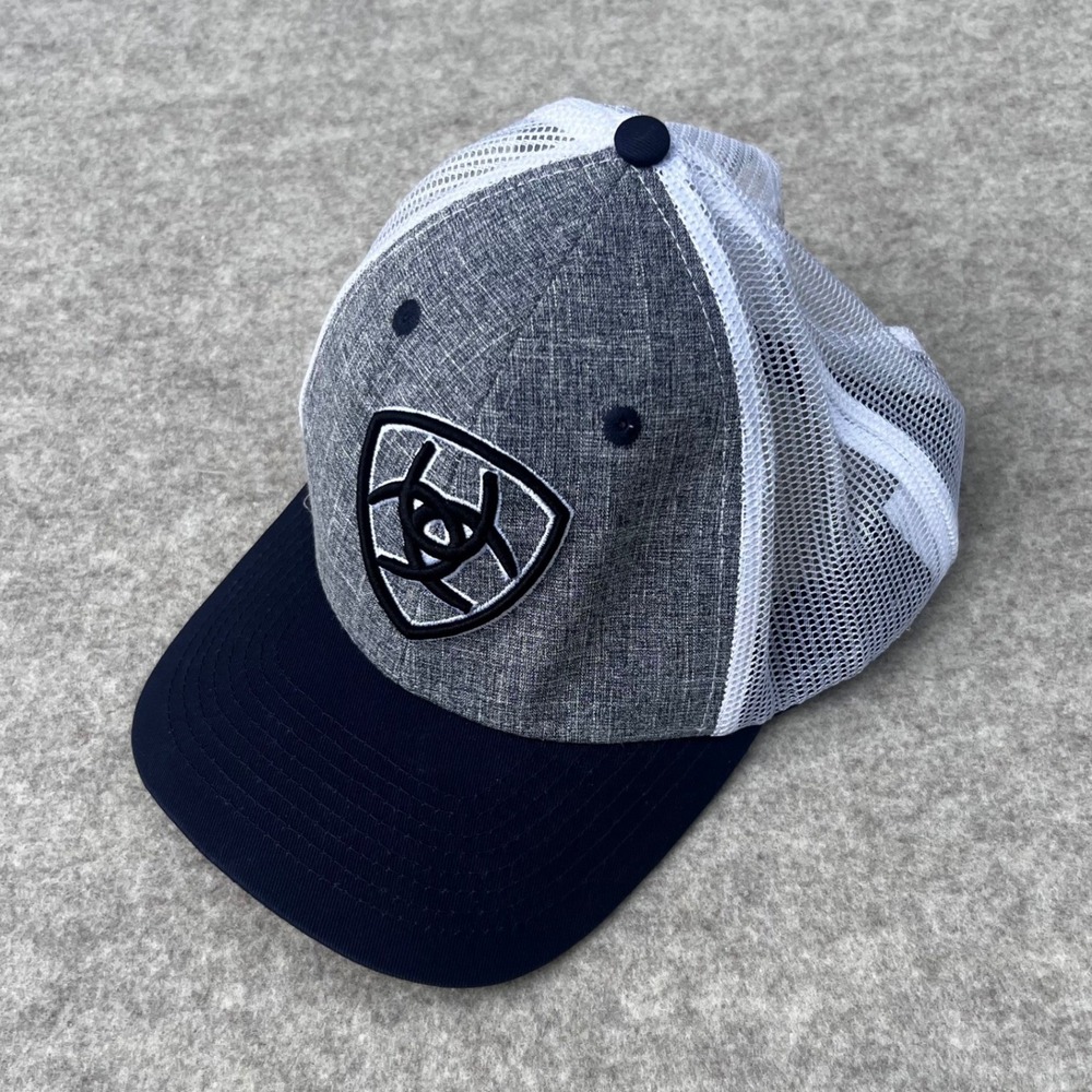 Ariat Trucker Hat Mens OSFA Grey Navy Blue Excellent Mesh Snapback Shield Logo